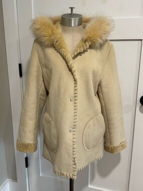 Vintage Marvin Richards Cream Faux-Shearling Hooded Teddy Coat with Fox Trim